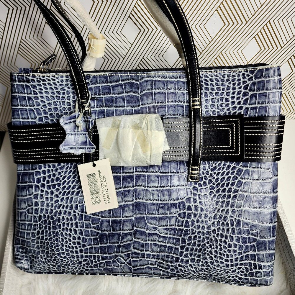 CHARLIE LAPSON BLACK AND GREY COC EMBOSSED VEGAN LEATHER TOTE